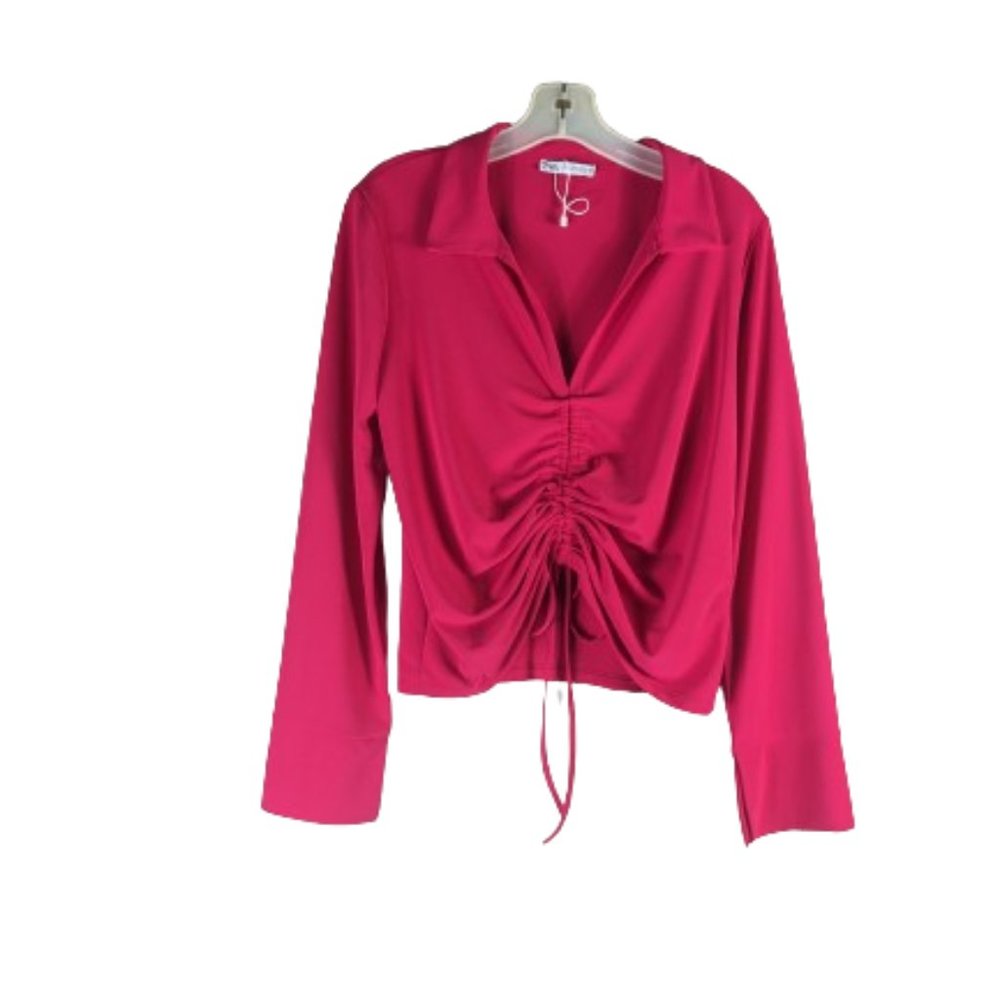 Zara Cropped Red Blouse Size Large, Ruched & Tied Front, V-Neck